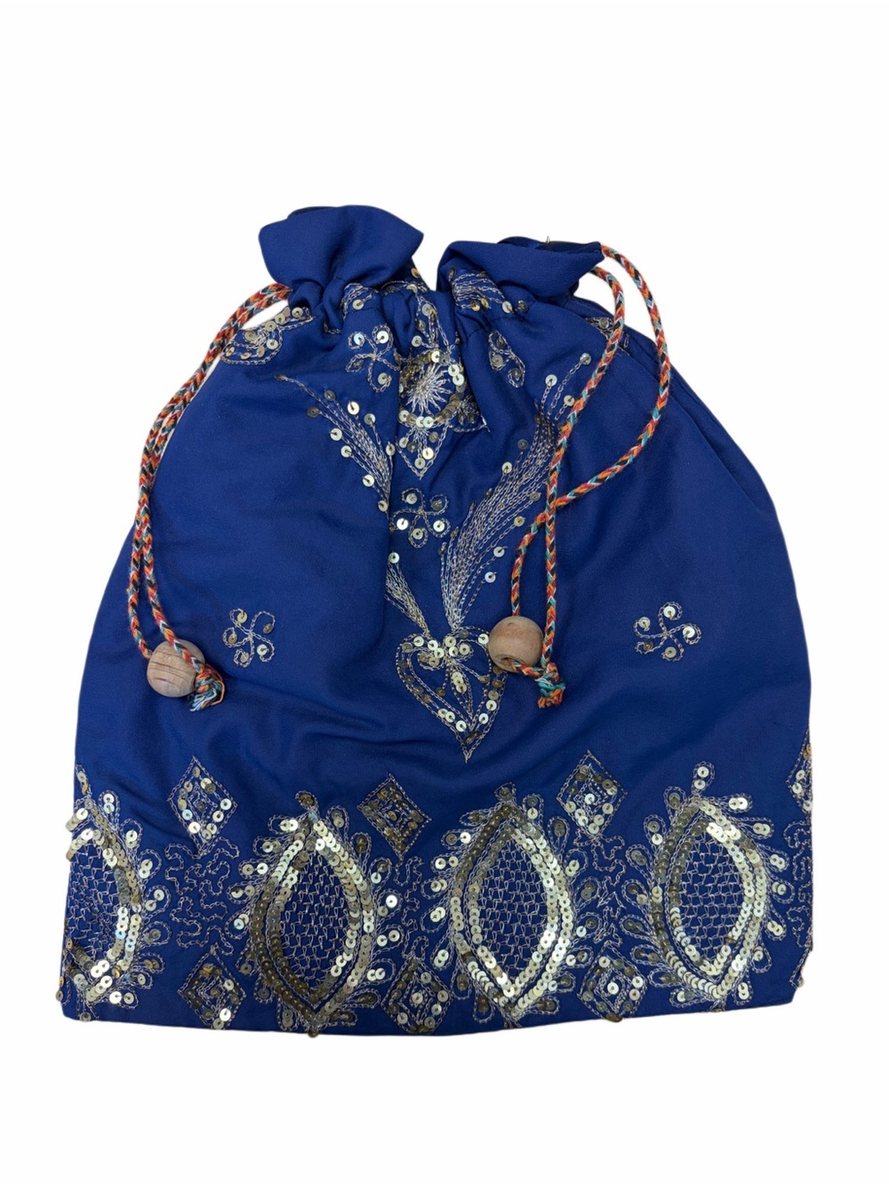 Embellished Blue  Indian Sari Drawstring Pouch with Handles